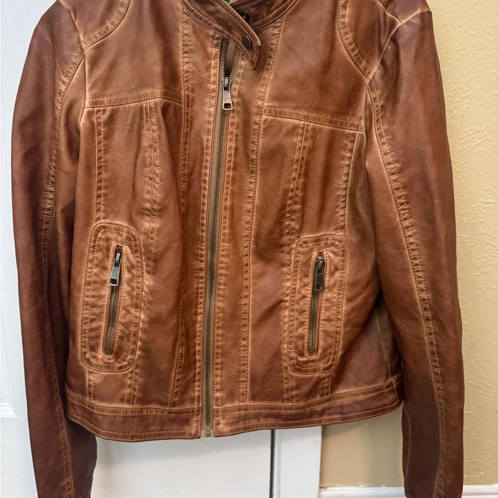 Stoosh Brown Leather Jacket with Distressed Finish